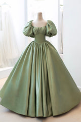 Green Satin Puff Sleeves Long Corset Prom Dress, Green A-Line Corset Formal Dress outfit, Party Dresses Formal