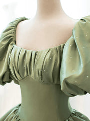 Green Satin Puffy Sleeves Long Corset Formal Dress, Green Satin Corset Prom Dress Party Dress Outfits, Bridesmaid Dressed Blush