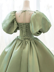 Green Satin Puffy Sleeves Long Corset Formal Dress, Green Satin Corset Prom Dress Party Dress Outfits, Bridesmaids Dresses Blush