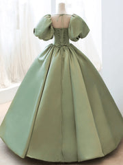 Green Satin Puffy Sleeves Long Corset Formal Dress, Green Satin Corset Prom Dress Party Dress Outfits, Bridesmaid Dress Blush