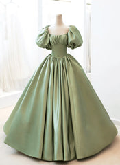 Green Satin Puffy Sleeves Long Corset Formal Dress, Green Satin Corset Prom Dress Party Dress Outfits, Bridesmaid Dress Blushes