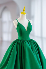 Green Satin Short A-Line Corset Prom Dress, Green V-Neck Party Dress Outfits, Party Dress Europe