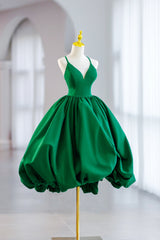 Green Satin Short A-Line Corset Prom Dress, Green V-Neck Party Dress Outfits, Party Dresses For Ladies
