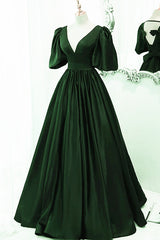 Green Satin Short Sleeves Long Party Dress, Green Floor Length Evening Dress Corset Prom Dress outfits, Bridesmaid Dress Blue