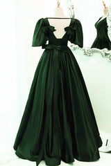 Green Satin Short Sleeves Long Party Dress, Green Floor Length Evening Dress Corset Prom Dress outfits, Bridesmaid Dresses Blues