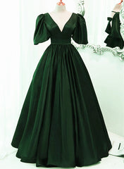 Green Satin Short Sleeves Long Party Dress, Green Floor Length Evening Dress Corset Prom Dress outfits, Bridesmaides Dresses Blue