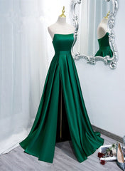 Green Satin Simple Long Party Dress with Leg Slit, Green A-ine Junior Corset Prom Dress outfits, Formal Dresses Elegant