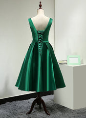 Green Satin Tea Length Corset Bridesmaid Dress, Lovely Green Corset Homecoming Dress outfit, Party Dresses Night