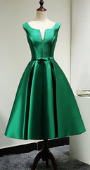 Green Satin Tea Length Corset Bridesmaid Dress, Lovely Green Corset Homecoming Dress outfit, Party Dress For Night