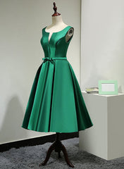 Green Satin Tea Length Corset Bridesmaid Dress, Lovely Green Corset Homecoming Dress outfit, Party Dress Classy Elegant