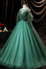 Green Scoop Neckline Tulle Corset Formal Evening Dress, A-Line Long Sleeve Corset Prom Dress outfits, Prom Dress Sleeve