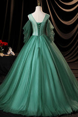 Green Scoop Neckline Tulle Corset Formal Evening Dress, A-Line Long Sleeve Corset Prom Dress outfits, Prom Dresses Sleeves