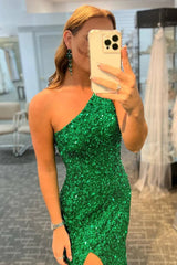 Green Sequin Long Corset Prom Dress with Slit Gowns, Green Sequin Long Prom Dress with Slit