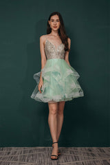Short A-Line V Neck Tiered Shiny Beads Crystal Corset Homecoming Dresses outfit, Party Dresses 2049