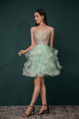 Short A-Line V Neck Tiered Shiny Beads Crystal Corset Homecoming Dresses outfit, Party Dress Online