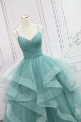 Green Spaghetti Strap Long Corset Prom Dress, Green V-Neck Tulle Evening Dress outfit, Bridesmaids Dresses Long Sleeve