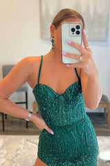 Green Spaghetti Straps Asymmetrical Corset Prom Dress outfits, Green Spaghetti Straps Asymmetrical Prom Dress