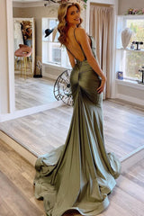 Green Spaghetti Straps Satin Backless Mermaid Corset Prom Dress outfits, Green Spaghetti Straps Satin Backless Mermaid Prom Dress