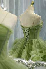Green Spaghetti Straps Tulle Layers Long Corset Formal Dress, Green Evening Party Dress Outfits, Party Dress Long Dress