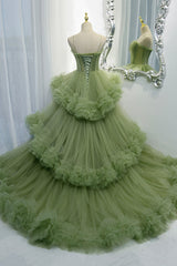 Green Spaghetti Straps Tulle Layers Long Corset Formal Dress, Green Evening Party Dress Outfits, Party Dresses Express