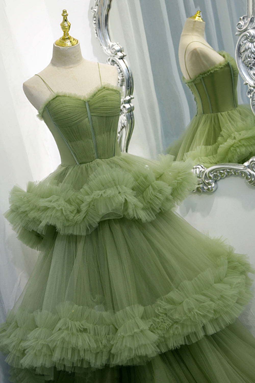 Green Spaghetti Straps Tulle Layers Long Corset Formal Dress, Green Evening Party Dress Outfits, Party Dresses Long
