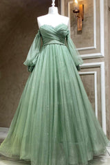 Green Strapless Tulle Long Sleeve Corset Prom Dress, Green A-Line Evening Party Dress Outfits, Party Dress Pattern