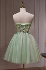 Green Strapless Tulle Short Corset Prom Dress with Lace, Green Party Dress Outfits, Bridesmaid Dress Color Palettes