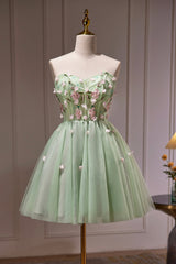 Green Strapless Tulle Short Corset Prom Dress with Lace, Green Party Dress Outfits, Bridesmaid Dresses Blush