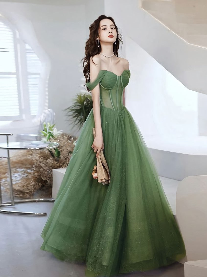Green Sweetheart Neck Tulle Long Corset Prom Dress, Green Evening Dress outfit, Formal Dress Homecoming