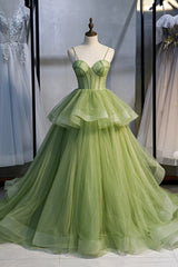 Green Sweetheart Tulle Long Corset Prom Dress, A-Line Evening Graduation Dress outfits, Party Dresses 2029