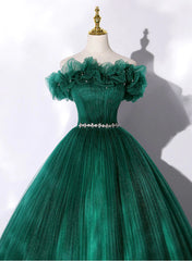 Green Tulle Beaded Waist Corset Ball Gown Sweet 16 Dress, Off Shoulder Green Corset Prom Dress outfits, Prom Dress Blue