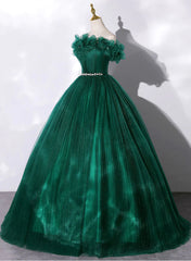 Green Tulle Beaded Waist Corset Ball Gown Sweet 16 Dress, Off Shoulder Green Corset Prom Dress outfits, Night Dress