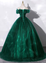 Green Tulle Beaded Waist Corset Ball Gown Sweet 16 Dress, Off Shoulder Green Corset Prom Dress outfits, Black Formal Dress