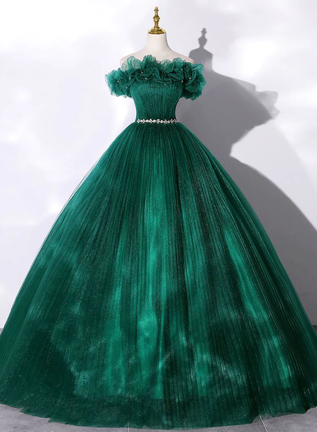 Green Tulle Beaded Waist Corset Ball Gown Sweet 16 Dress, Off Shoulder Green Corset Prom Dress outfits, Prom Dress Ideas