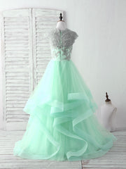 Green Tulle Lace Applique Long Corset Prom Dress Blue Tulle Sweet 16 Dress outfit, Bridesmaid Dress Style