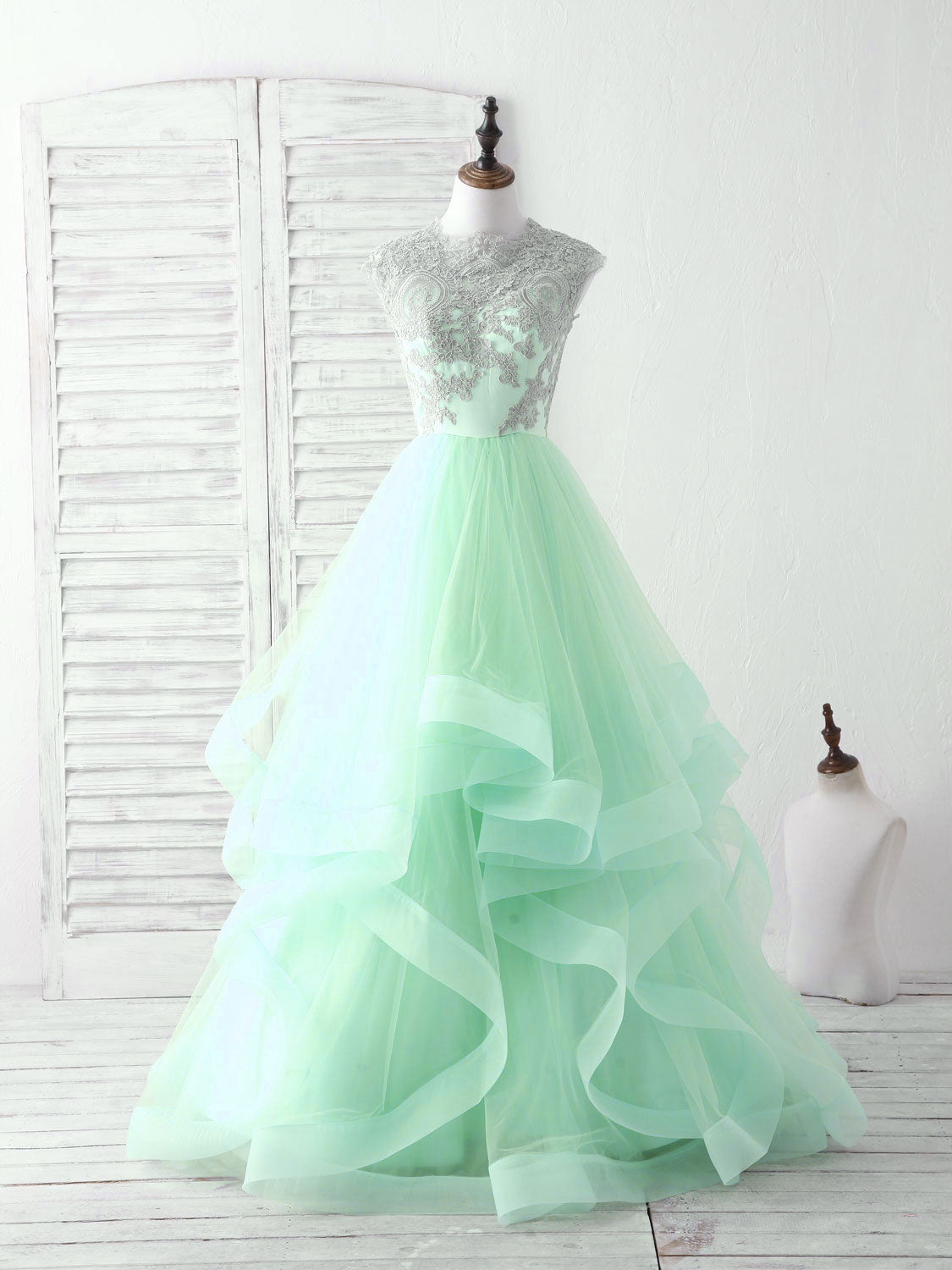 Green Tulle Lace Applique Long Corset Prom Dress Blue Tulle Sweet 16 Dress outfit, Bridesmaid Dress Stylee