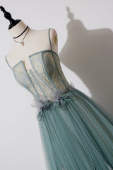 Green Tulle Lace Long A-Line Corset Prom Dress, Spaghetti Strap Evening Dress outfit, Prom Dress Chicago