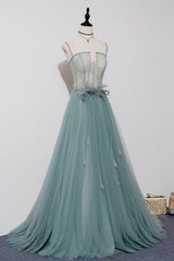 Green Tulle Lace Long A-Line Corset Prom Dress, Spaghetti Strap Evening Dress outfit, Prom Dresses Chicago