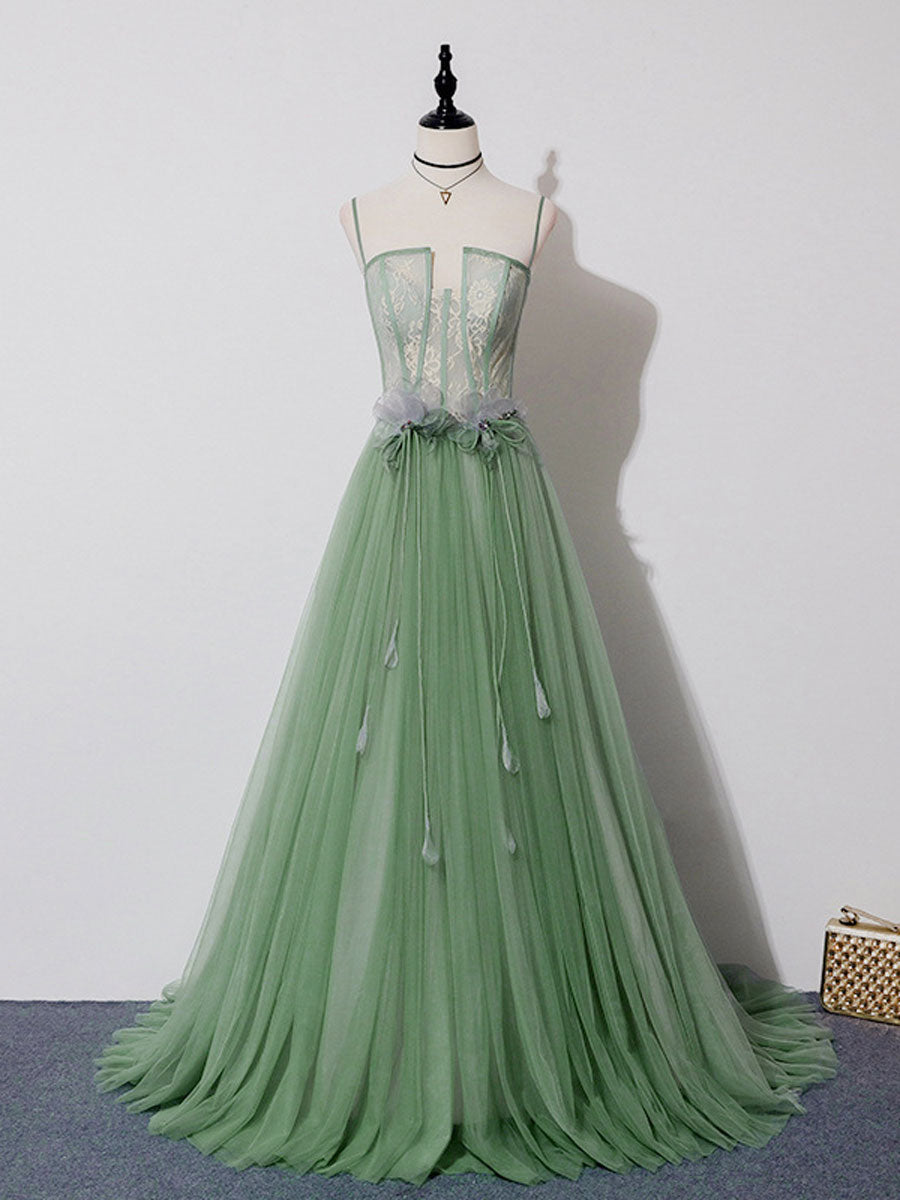 Green Tulle Lace Long Corset Prom Dress, Green Tulle Long Corset Formal Graduation Dress outfits, Evening Dresses Cheap