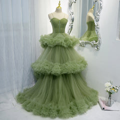 Green Tulle Layers Straps Sweetheart Long Evening Dress Party Dress, Green Corset Formal Dress outfit, Green Dress