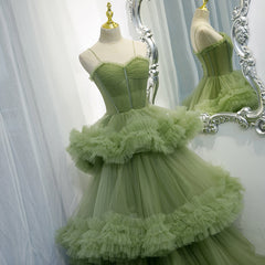Green Tulle Layers Straps Sweetheart Long Evening Dress Party Dress, Green Corset Formal Dress outfit, Yellow Prom Dress