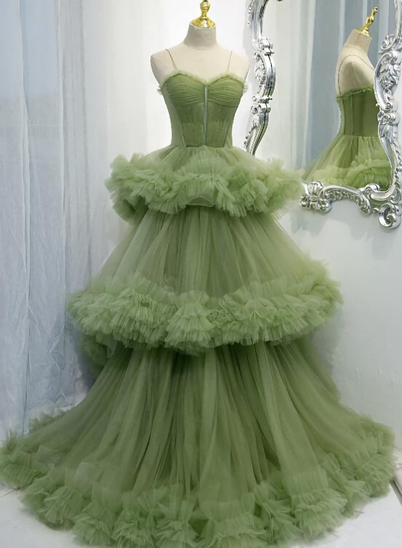 Green Tulle Layers Straps Sweetheart Long Evening Dress Party Dress, Green Corset Formal Dress outfit, Quince Dress