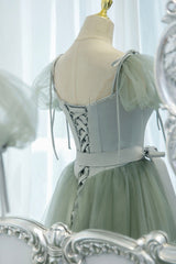 Green Tulle Long A-Line Corset Prom Dress, Cute Short Sleeve Graduation Dress outfits, Unique Prom Dress