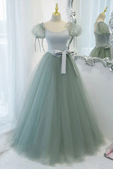 Green Tulle Long A-Line Corset Prom Dress, Cute Short Sleeve Graduation Dress outfits, Semi Formal Dress