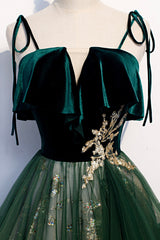 Green Tulle Long A-Line Corset Prom Dress, Green Spaghetti Straps Graduation Dress outfits, Prom Dresses With Sleeves