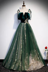 Green Tulle Long A-Line Corset Prom Dress, Green Spaghetti Straps Graduation Dress outfits, Prom Dress Ball Gown