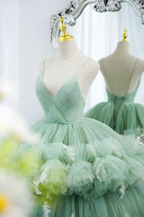 Green Tulle Long A-Line Corset Prom Dress, Green V-Neck Corset Formal Evening Gown outfits, Evening Dresses Modest