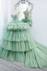 Green Tulle Long A-Line Corset Prom Dress, Green V-Neck Corset Formal Evening Gown outfits, Evening Dress Yellow