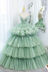 Green Tulle Long A-Line Corset Prom Dress, Green V-Neck Corset Formal Evening Gown outfits, Evening Dresses Yellow