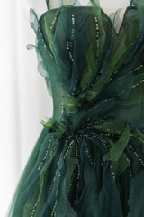 Green Tulle Long A-Line Corset Prom Dress, Spaghetti Straps Evening Dress outfit, Evening Dress Black
